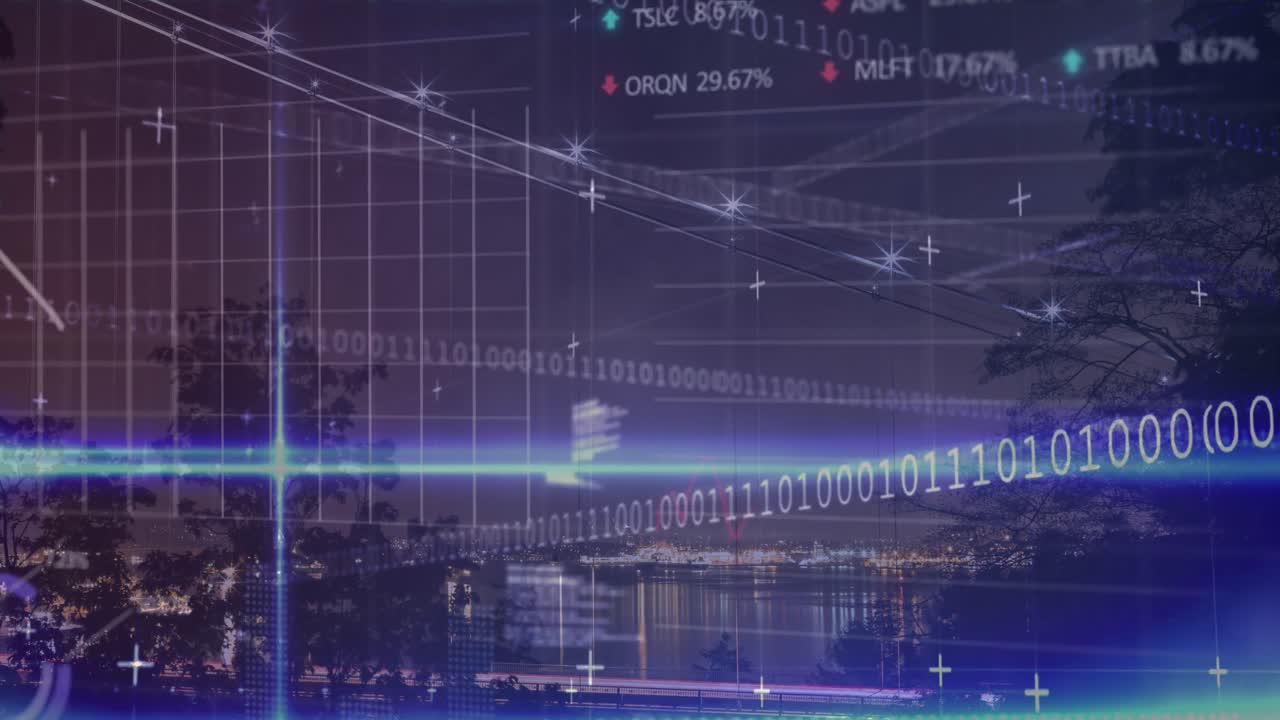 금융 데이터 처리 및 도시 풍경 위의 이진 코딩의 애니메이션