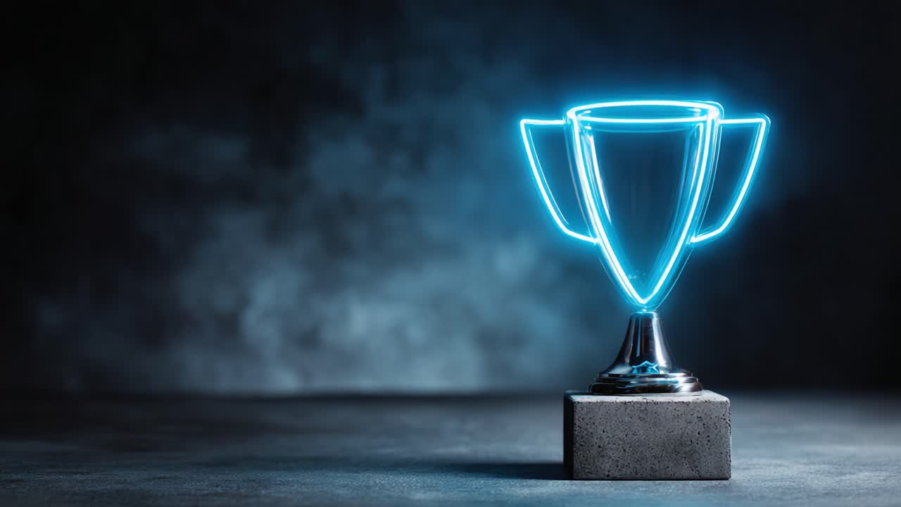A Glowing Achievement: A Neon Trophy Gleaming Against a Dark, Smoky Background, Symbolizing Success and Triumph in Competition and Recognition
