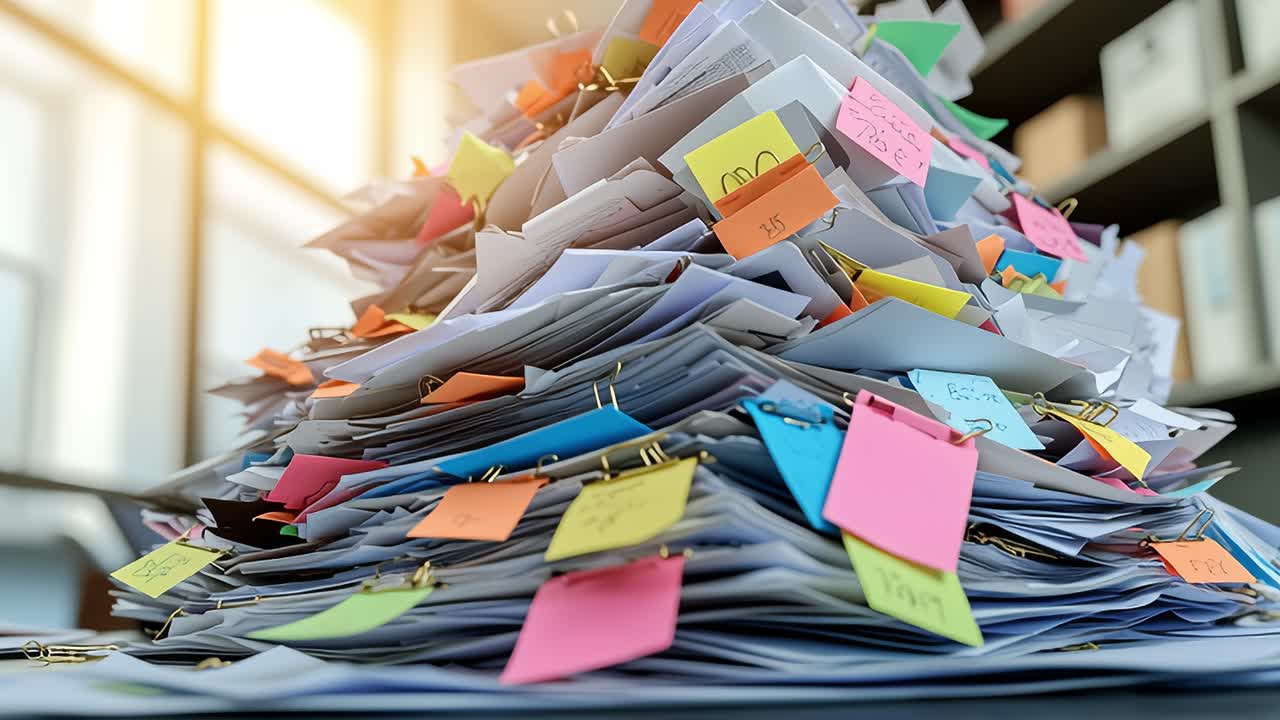 Documents falling from stack of papers in office