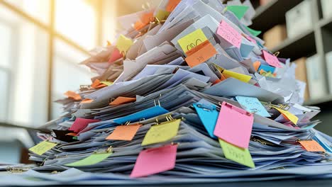 documents falling from stack of papers in office