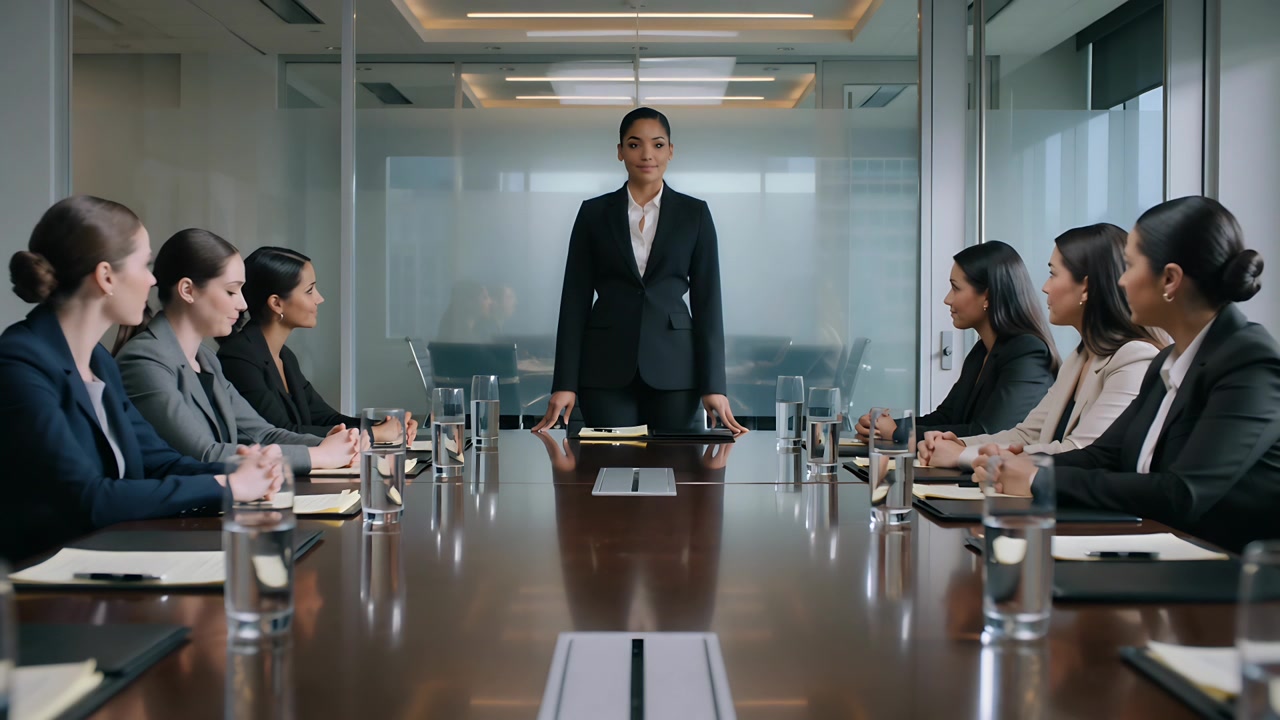 Placing hands on table, leader in dark suit presenting to team at conference room with notes