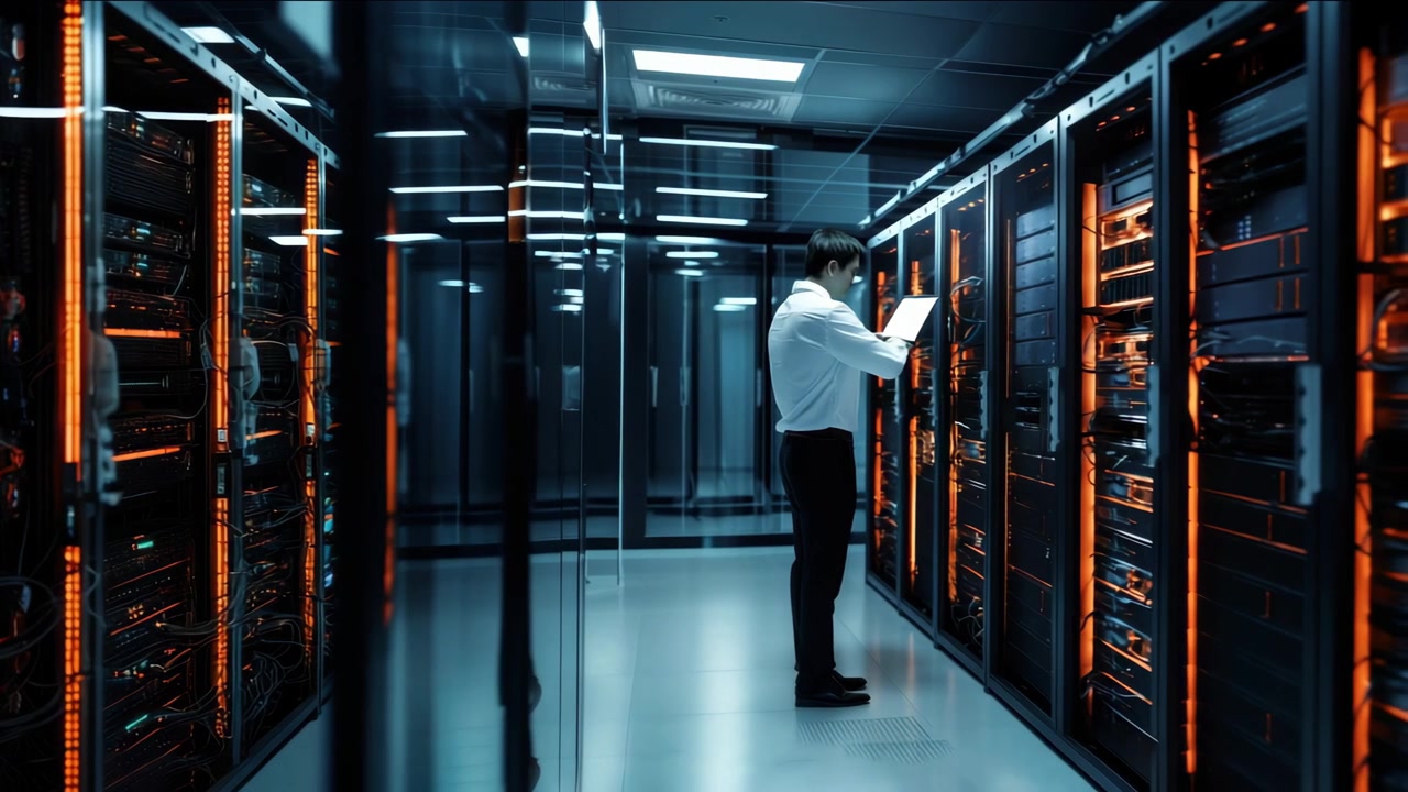 IT Technician Working on Server Rack in Data Center