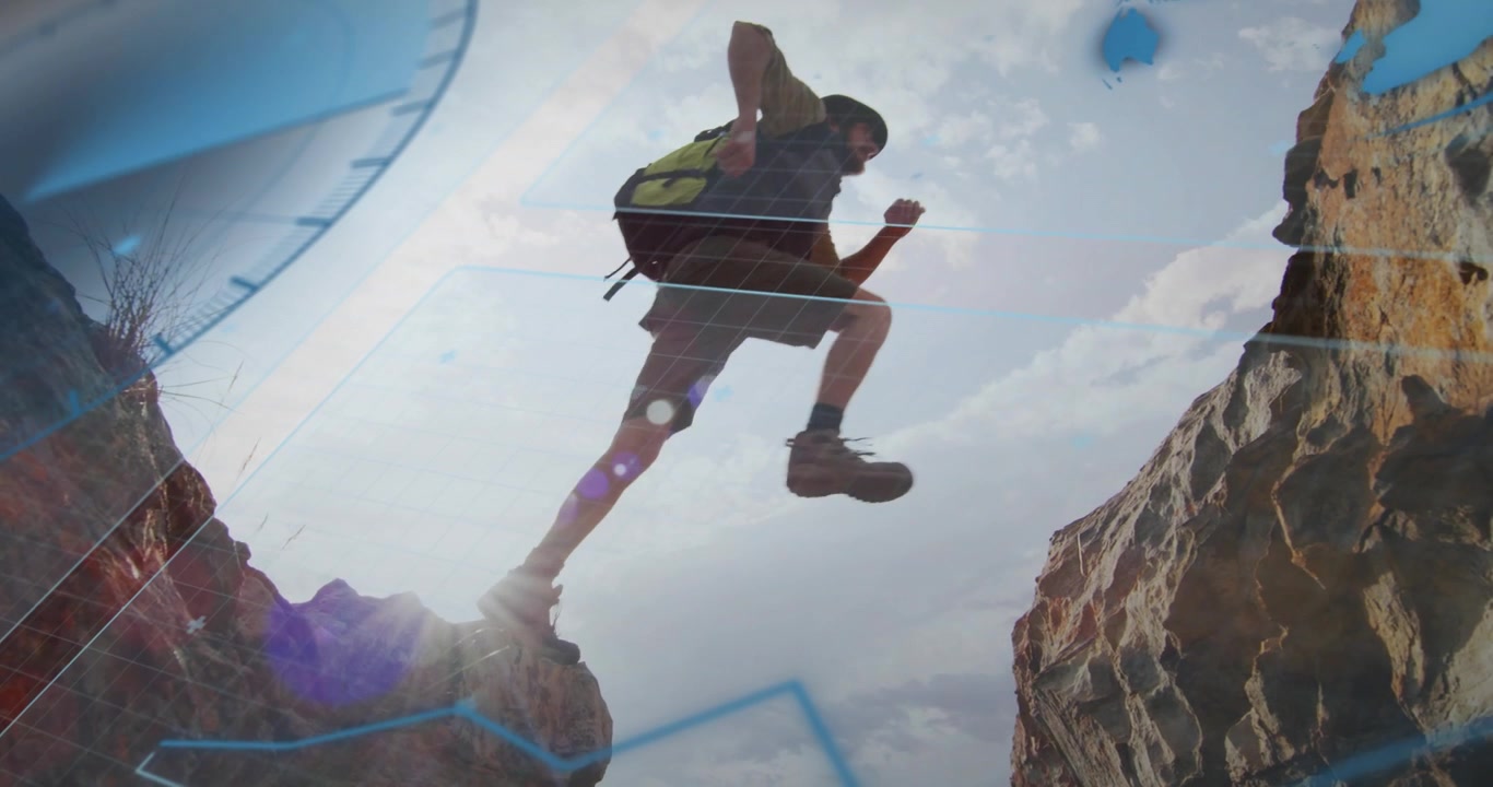 Outdoor hiker assessing canyon gap with distance overlay launching jump landing and ascending wall
