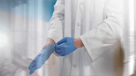 animación de un médico de la sección media que se pone guantes quirúrgicos