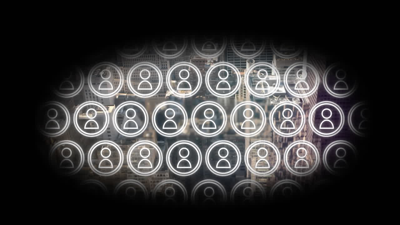 animación de una cuadrícula de viñetas de iconos de personas que se mueven sobre el paisaje urbano moderno