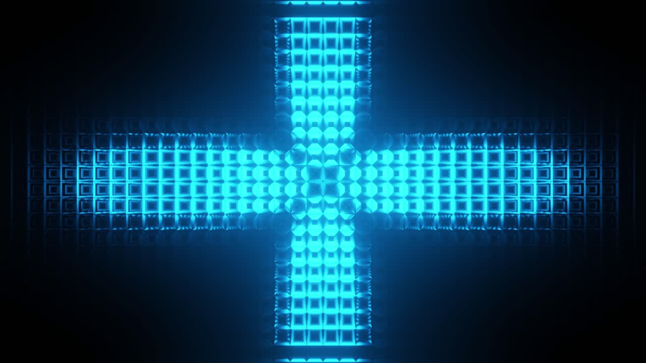 파란색 빛 십자가는 반복 패턴, 검정색 배경 3d 동작에서 수직으로 회전합니다.