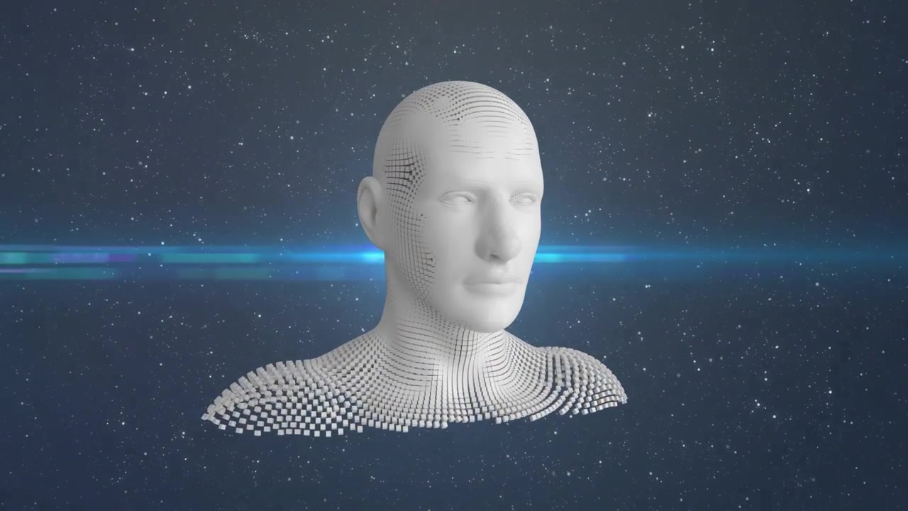 Après une pause, des essaims de cubes blancs s'écoulant vers une lumière centrale, formant un buste de voxels rotatif s'estompant.