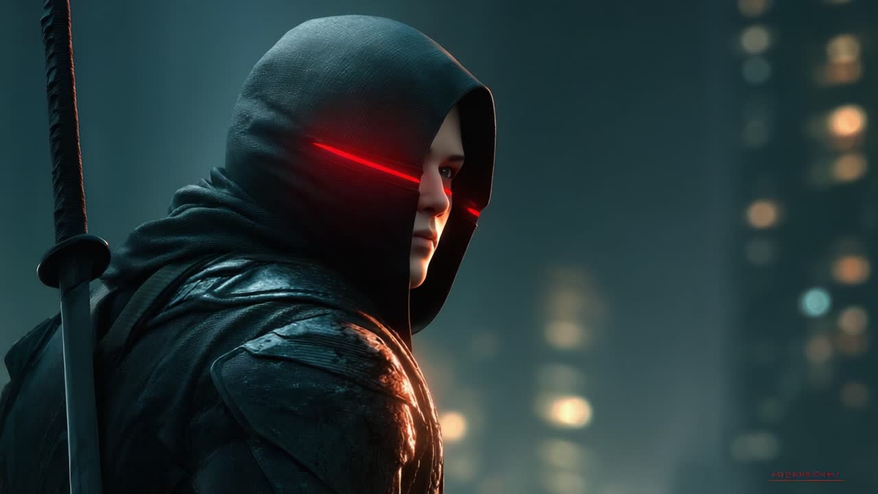A mysterious figure cloaked in shadows with a glowing red visor, poised against an urban backdrop, suggests a narrative of stealth and intrigue in a high-tech environment