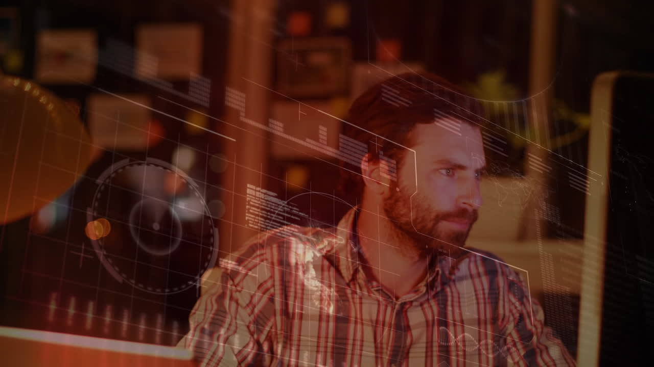 사무실에서 컴퓨터를 사용하는 지친 백인 남성에 대한 데이터 처리 인터페이스의 애니메이션