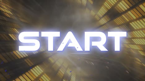 Animation-of-start-text-in-white-glowing-letters-over-tunnel-with-yellow-glowing-lights