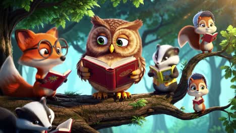 an enchanting gathering of woodland creatures: a charming owl and friends enjoy storytime together in a vibrant forest setting filled with joy and curiosity