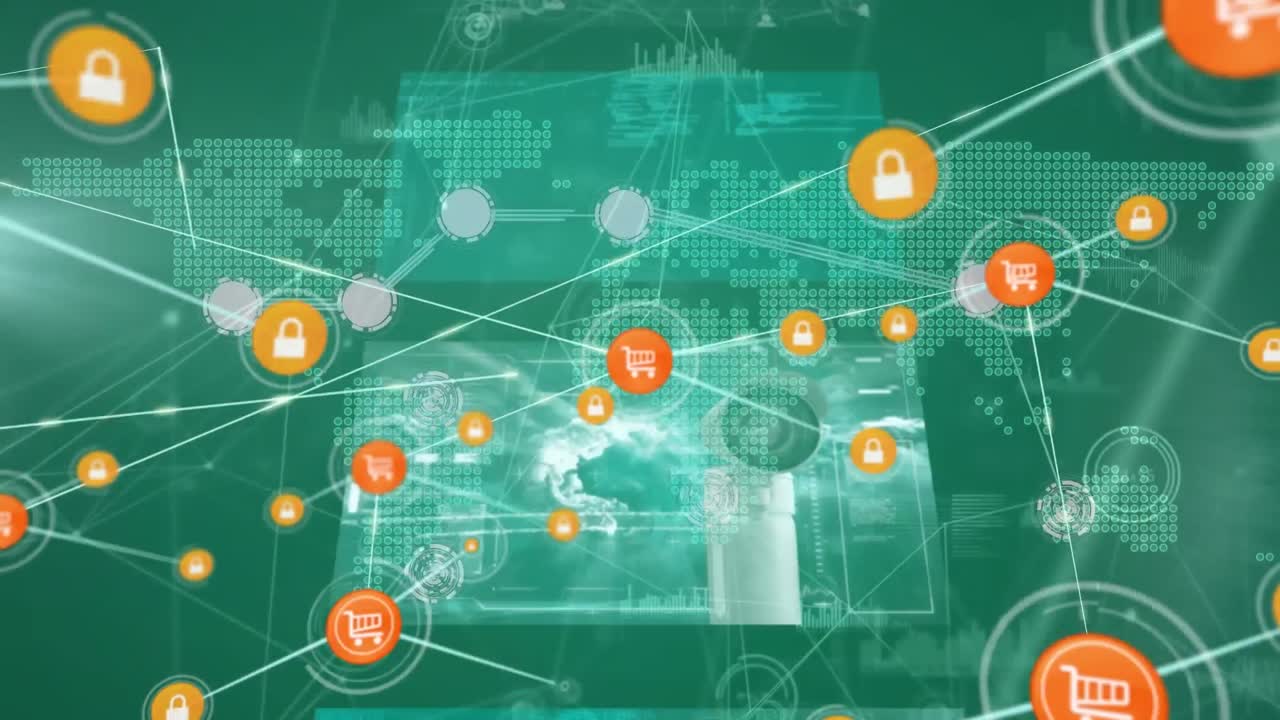 연결된 아이콘, 지구, 눈, 감시 카메라, 지도에서 기술을 사용하여 절단 된 손의 애니메이션