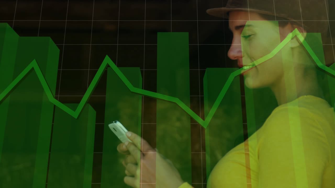 Woman lifting phone, tapping screen and activating green bar and line charts for finance updates