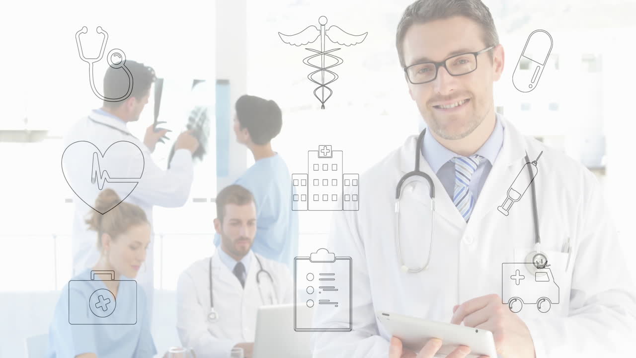 Doctors in hospital working, animated medical icons overlaying their activities