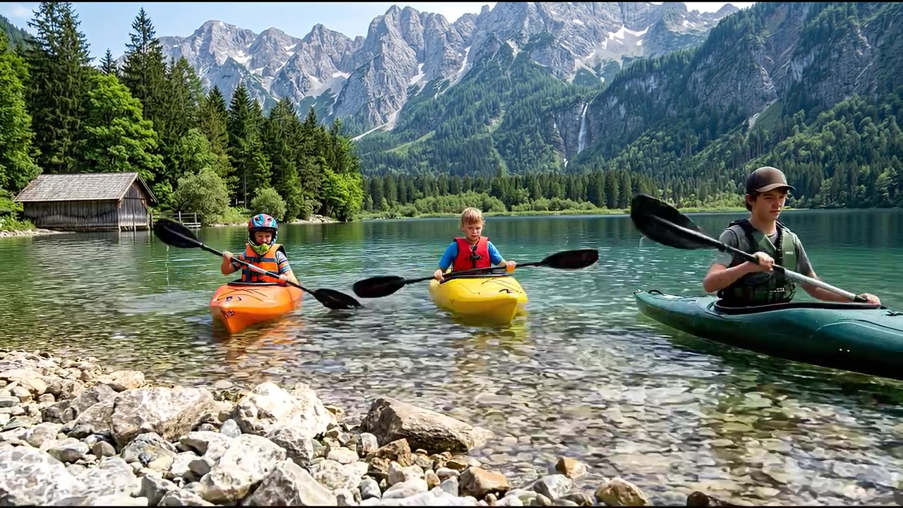 Kayak ricreativo in un suggestivo ambiente alpino con acqua cristallina