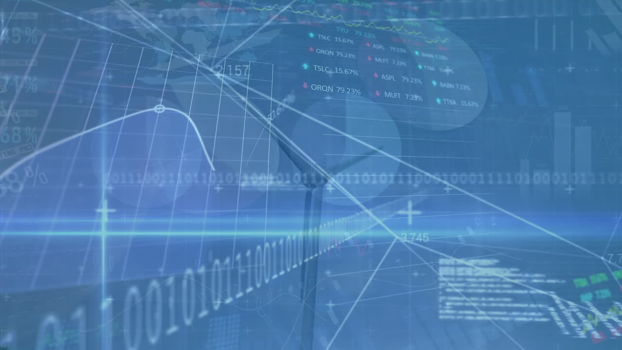 Animation of financial data processing over wind turbine