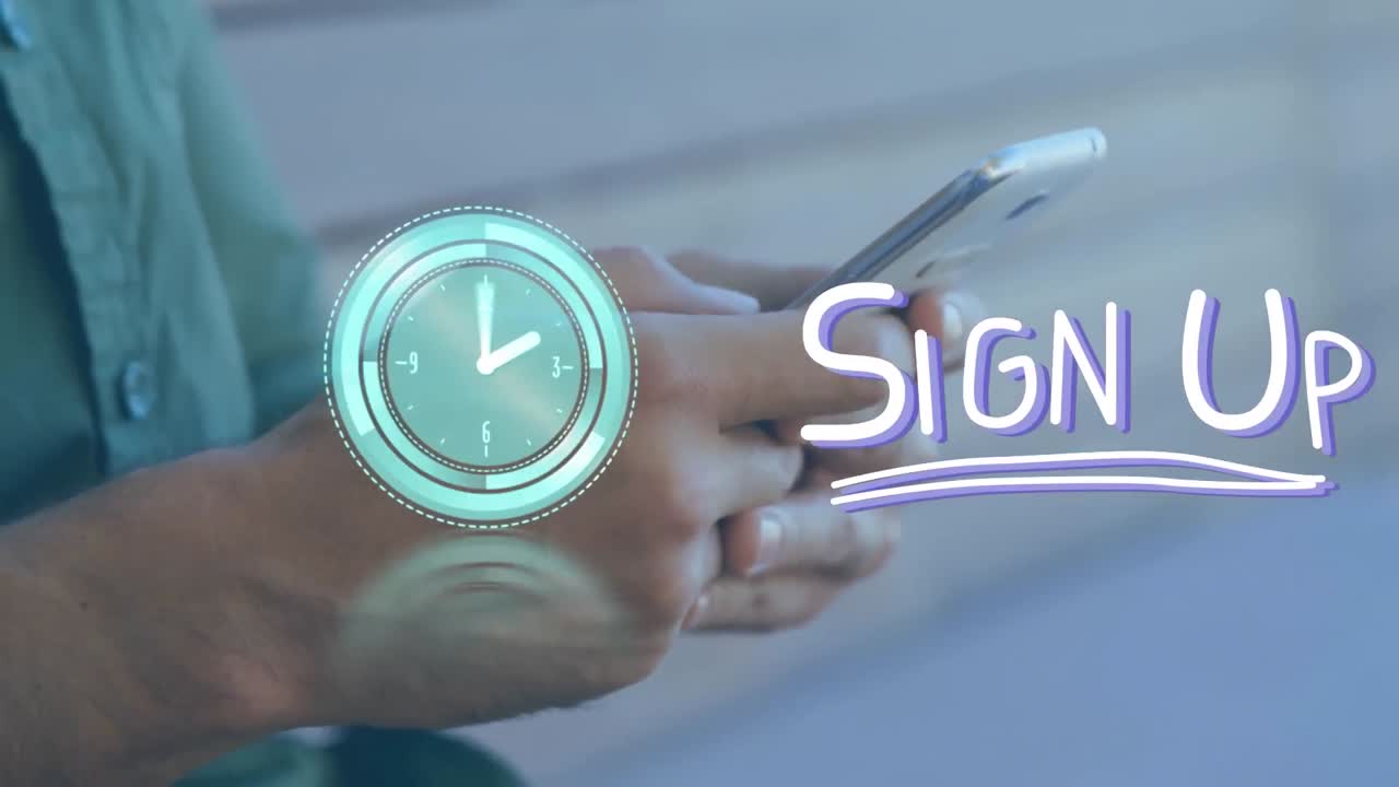 animación del reloj y firmar sobre las manos del hombre caucásico usando el teléfono inteligente.
