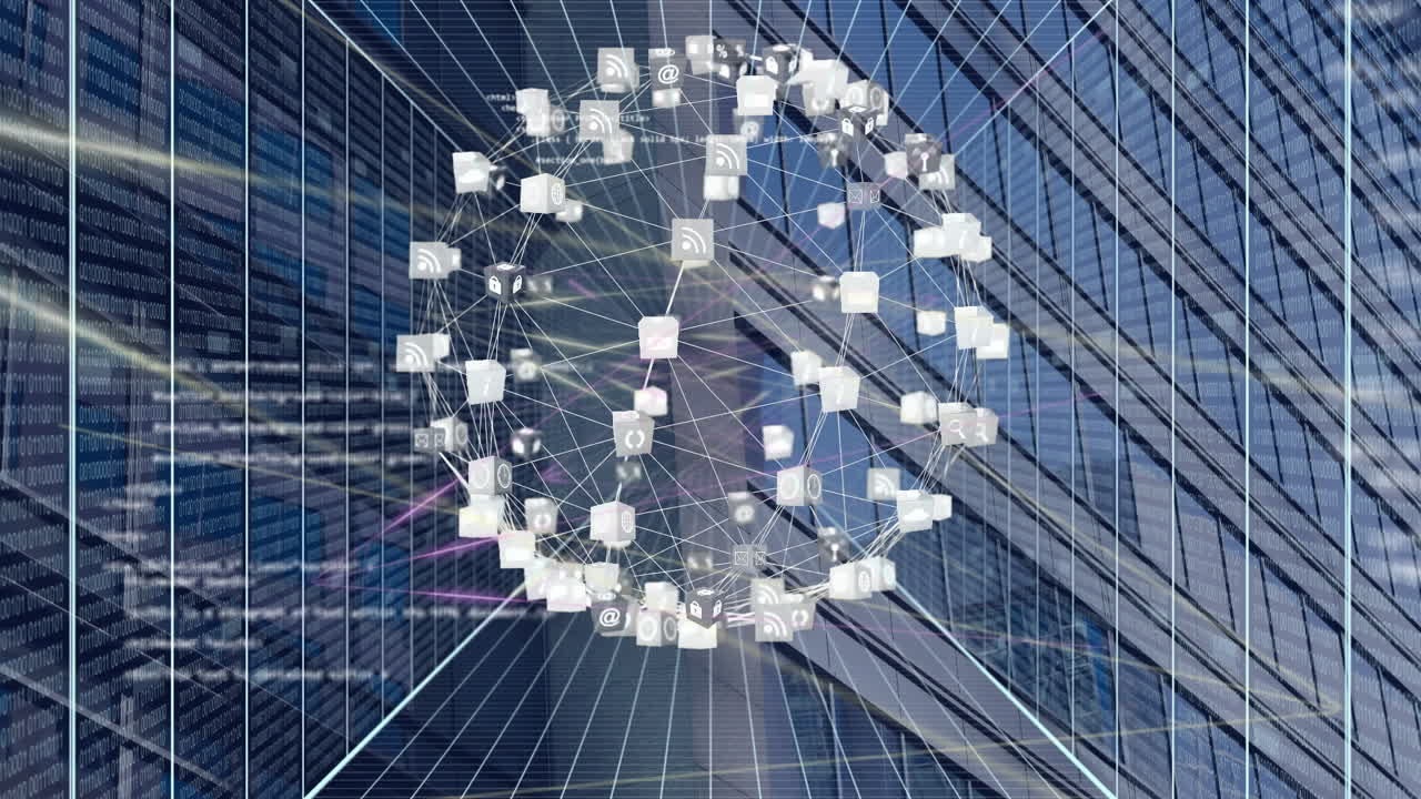 animación del globo y procesamiento de datos sobre edificios modernos.