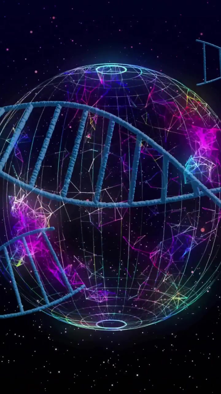 Filamenti di DNA e globo digitale, animazione di elaborazione dati scientifici.