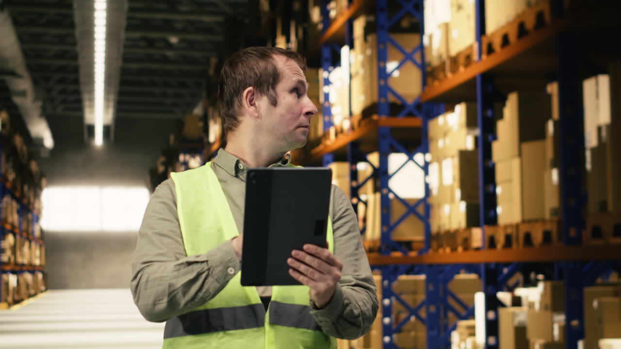 Ritratto di personale maschile in un magazzino di produzione trafficato, mentre controlla i pallet.