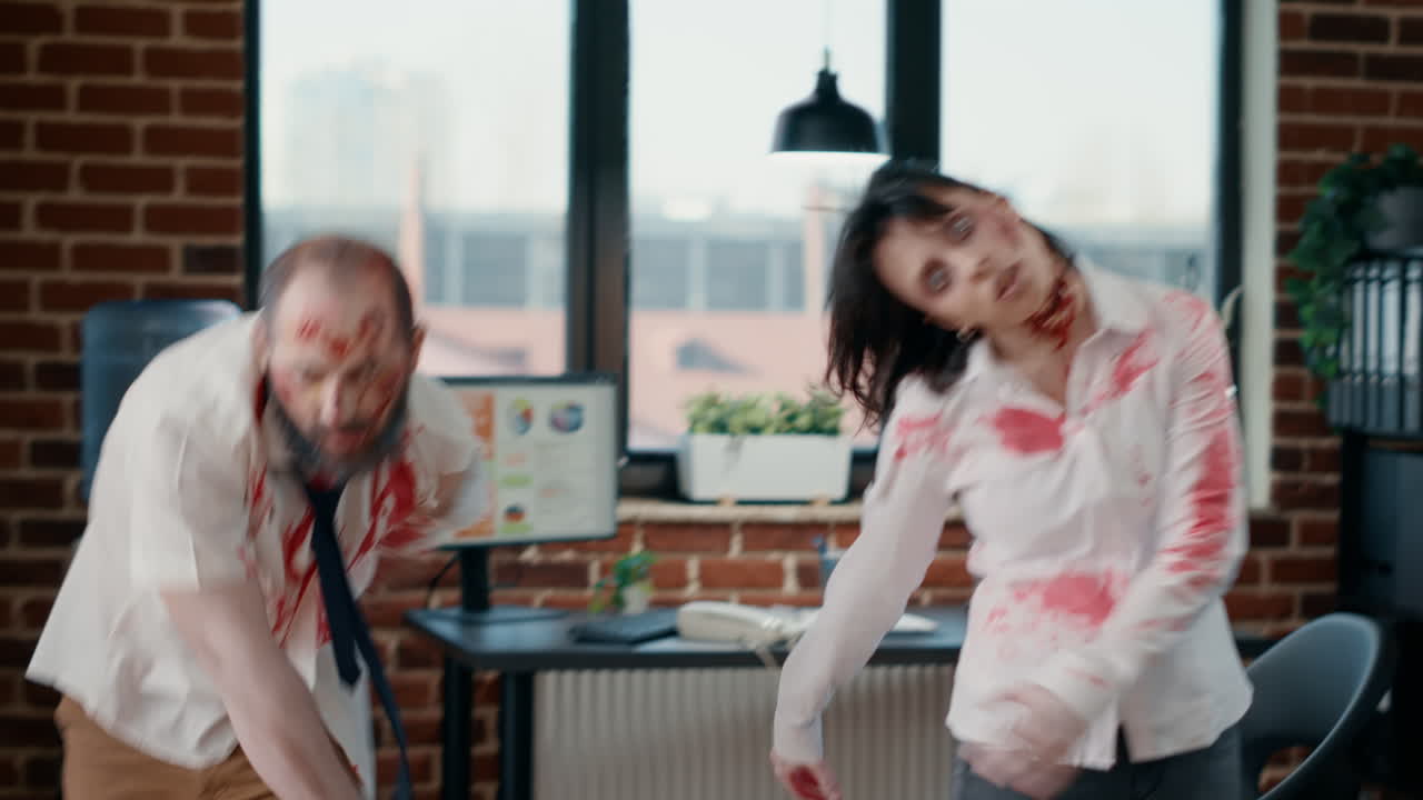 Spooky horror zombies coming towards camera in office workspace