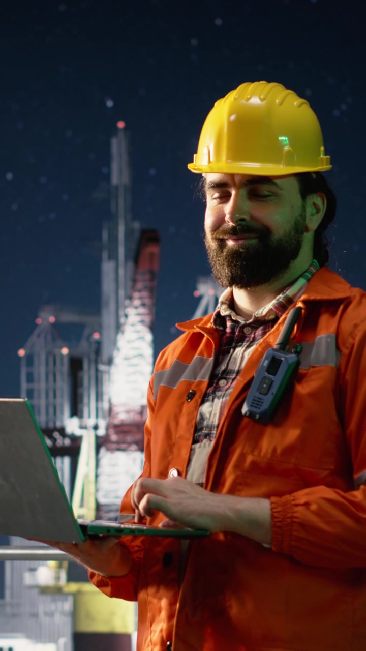 Vertical video Portrait of offshore platform engineer managing resources during oil crisis