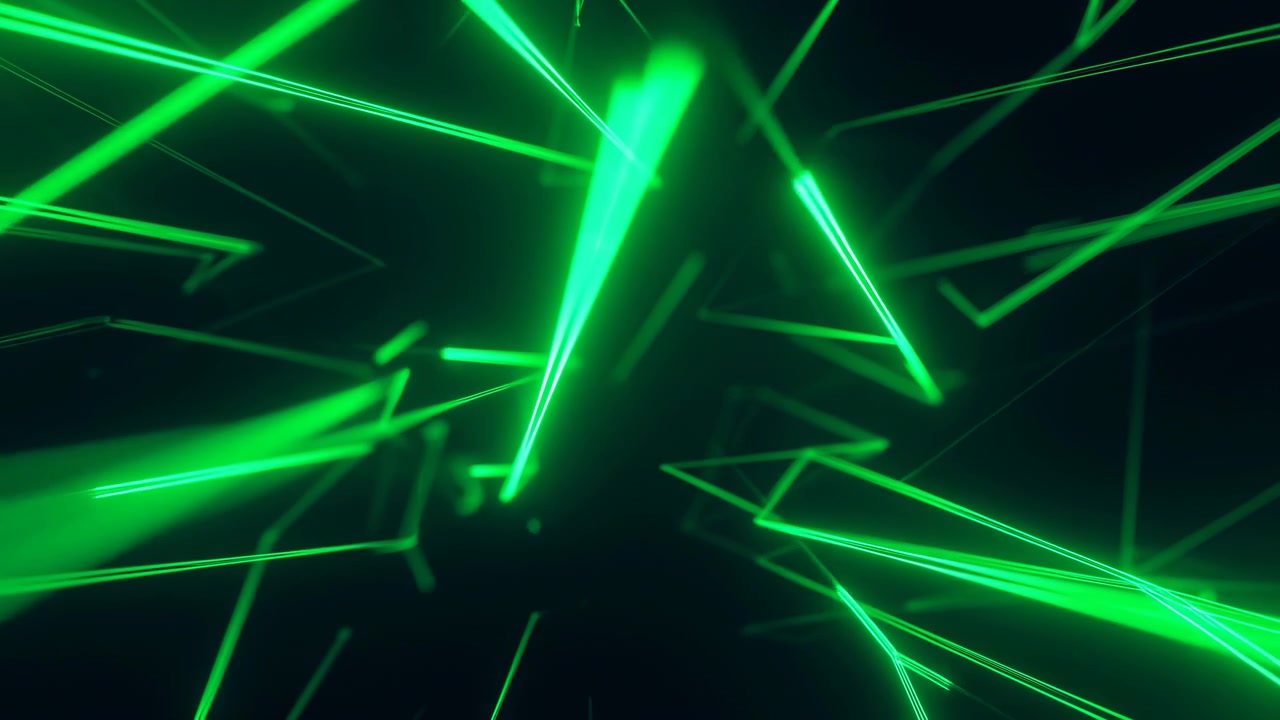 Vivi l'affascinante spettacolo di raggi laser verdi futuristici che brillano e si muovono dinamicamente su uno sfondo scuro, ripresi in primo piano. tecnologia, fut