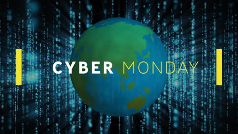 animación de la venta de cyber monday texto sobre el mundo y procesamiento de datos