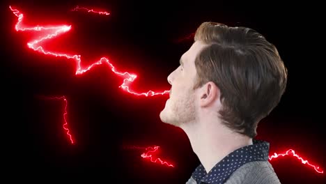 animation of inquisitive, puzzled man over red electric currents on black background