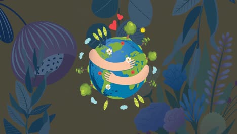 Animation-of-hands-embracing-globe-with-flowers-in-background