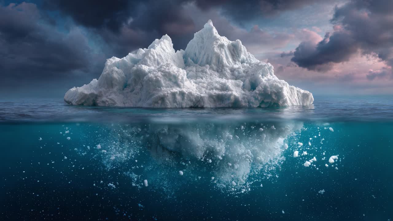 Majestic Iceberg Surrounded by Dark Stormy Skies with Deep Blue Waters Reflecting its Magnificence and Power