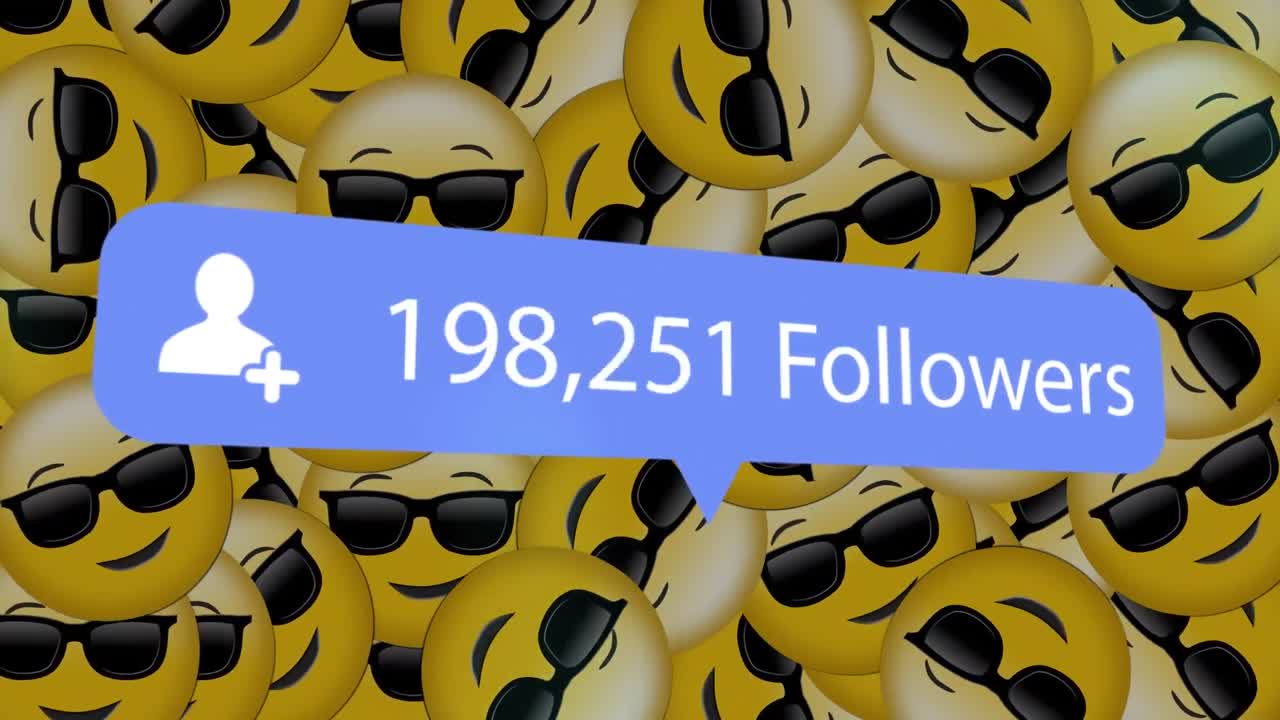 animación del número creciente de seguidores sobre iconos emoji en fondo azul