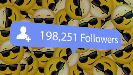 Animation-of-followers-growing-number-over-emoji-icons-on-blue-background