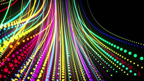 fondo de bucle 3d abstracto con partículas brillantes alineadas en una fila a lo largo de líneas curvas en el espacio 3d. bucle vj festivo con partículas multicolores y cámara animada suave. fondo de diseño de movimiento.