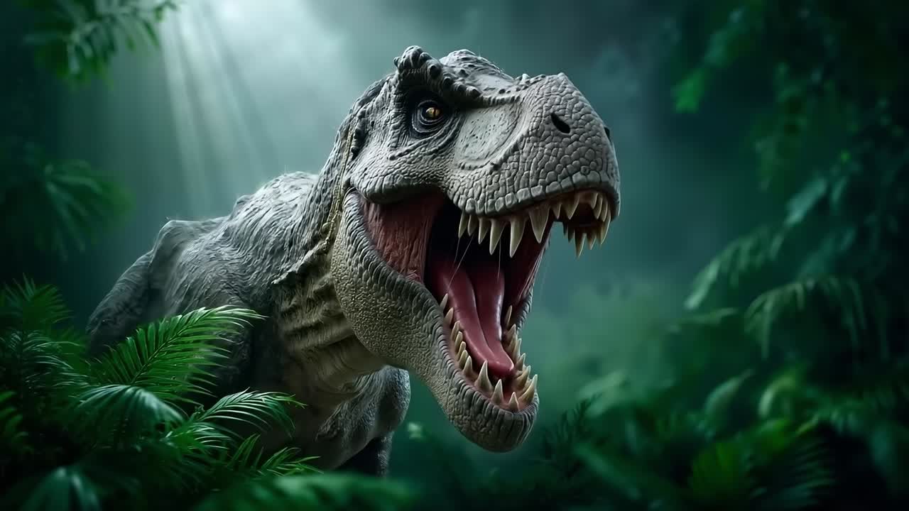 un primer plano de un dinosaurio en la jungla con su boca abierta