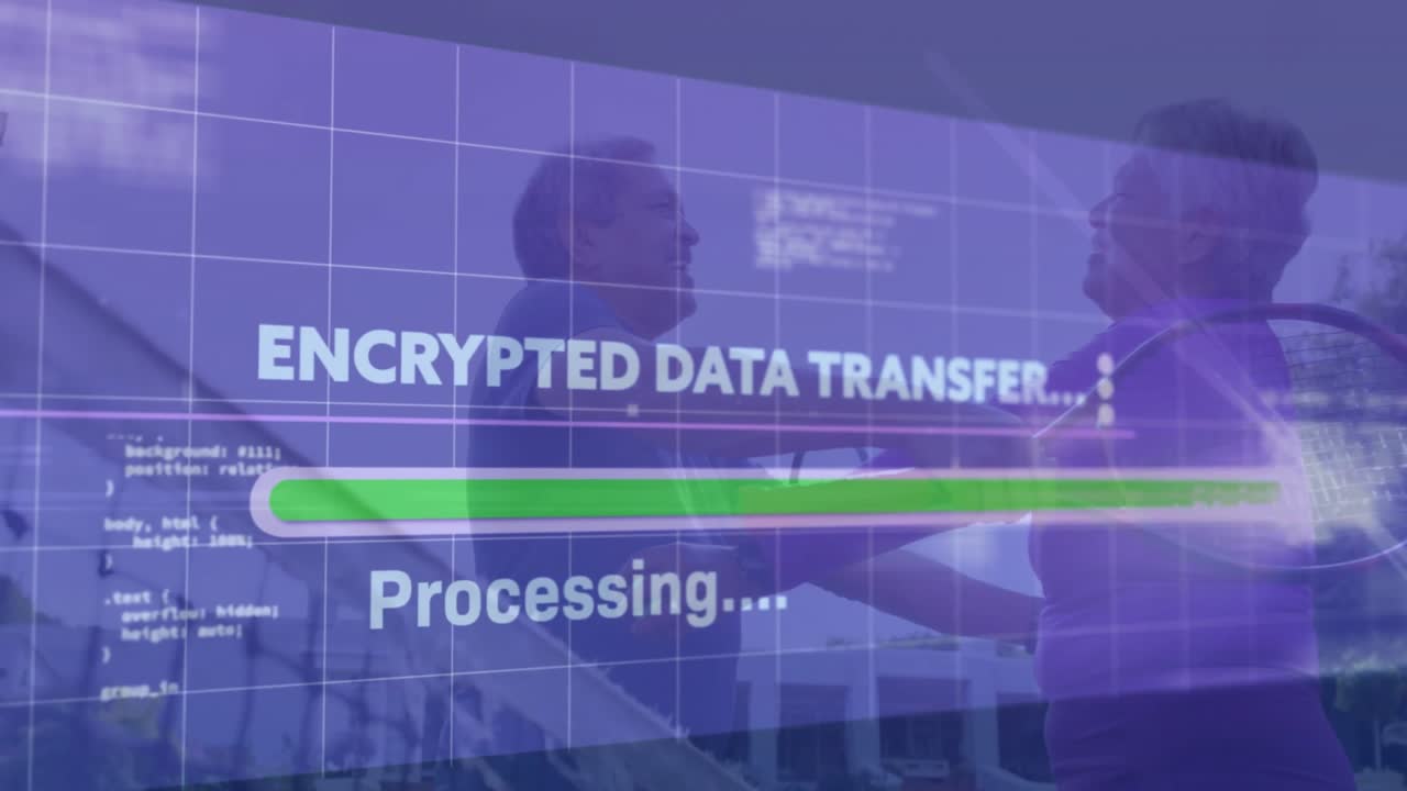 Senior man and senior woman greeting on patio, showcasing encrypted data transfer interface overlay