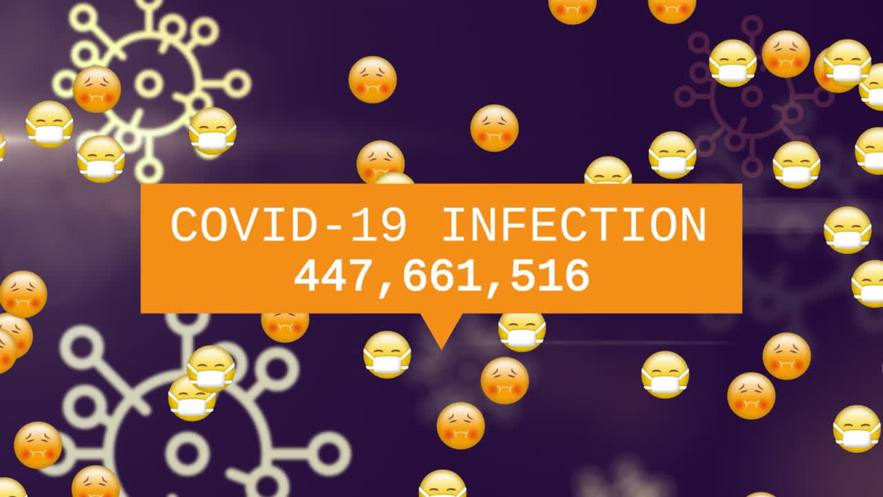 Animazione del testo 'infezione da Covid-19' e di un numero crescente, su cellule virali ed emoji, su sfondo marrone scuro.