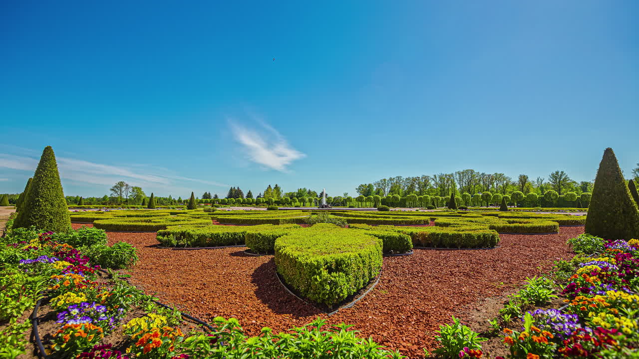 밝고 화창한 날 시간 경과에 따라 다채로운 꽃 식물로 둘러싸인 아름다운 토피어리 예술 걸작의 정적 샷
