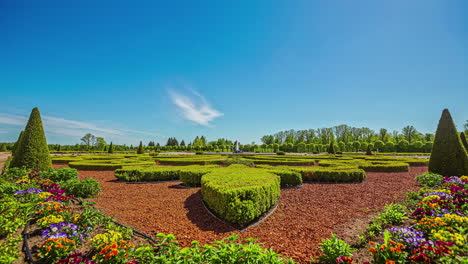 static shot of a beautiful masterpiece of topiary art surrounded by colorful floral plants in timelapse on a bright sunny day