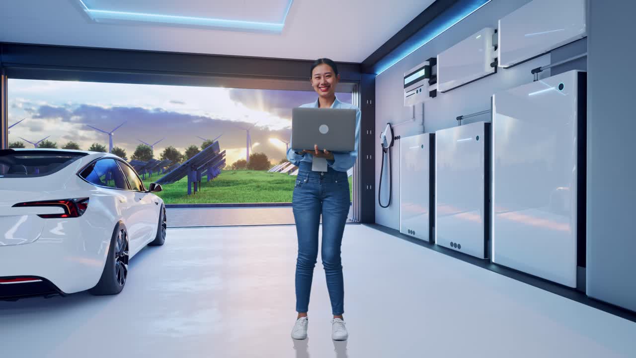 Full Body Of Asian Female With Her Laptop With Home Energy Storage System In a Modern Garage, She Is Looking At The Camera With A Smile