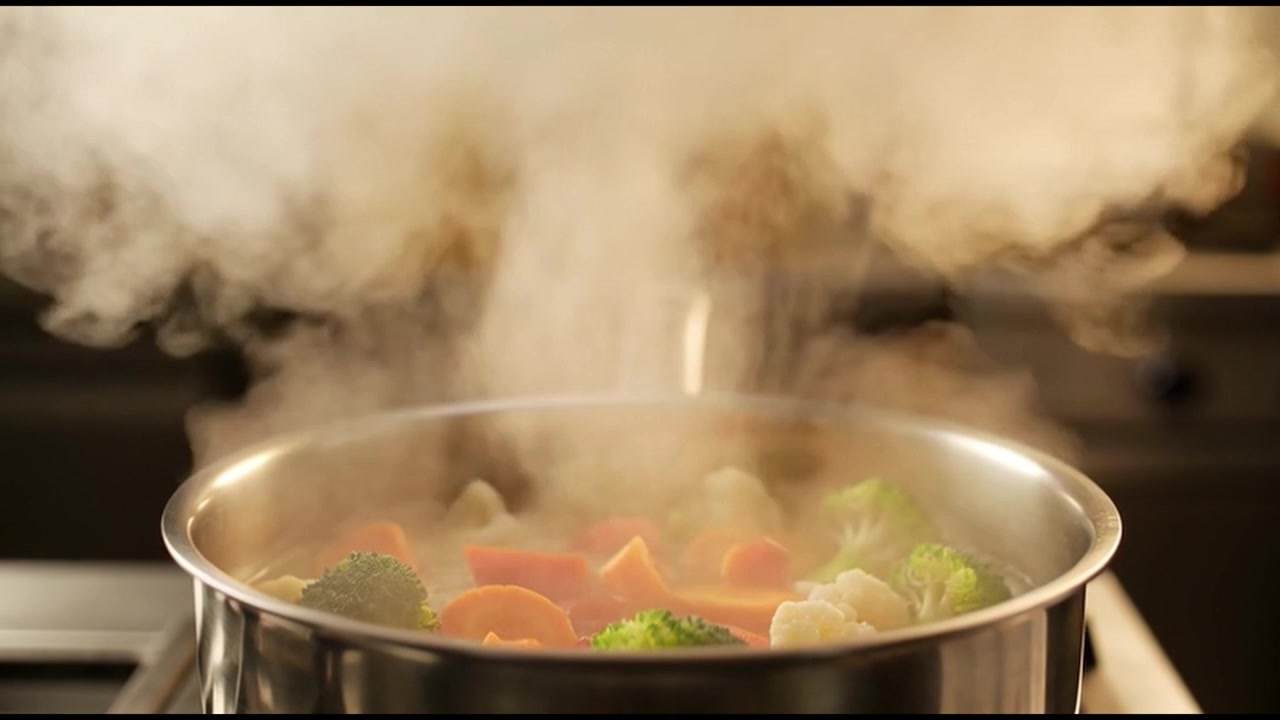 Chef Levantando a Tampa de Panela com Vegetais Fumegantes na Cozinha