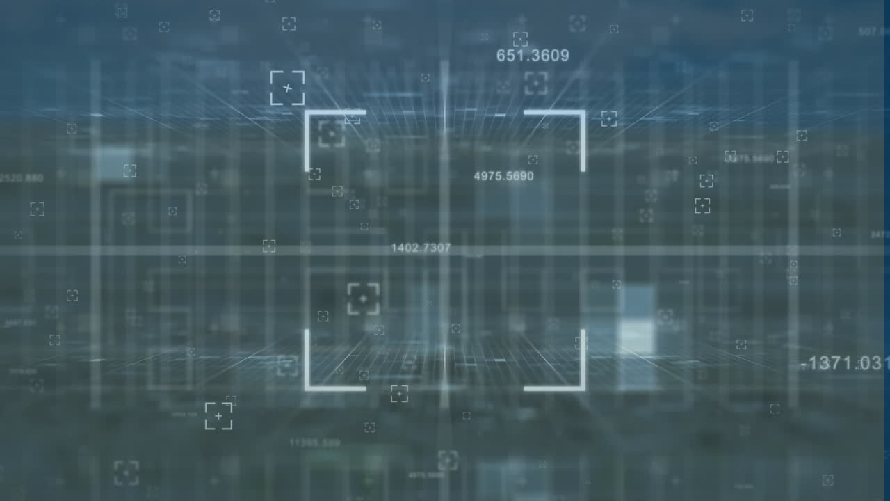 Animation of multiple changing numbers and scope scanning over data processing on grey background
