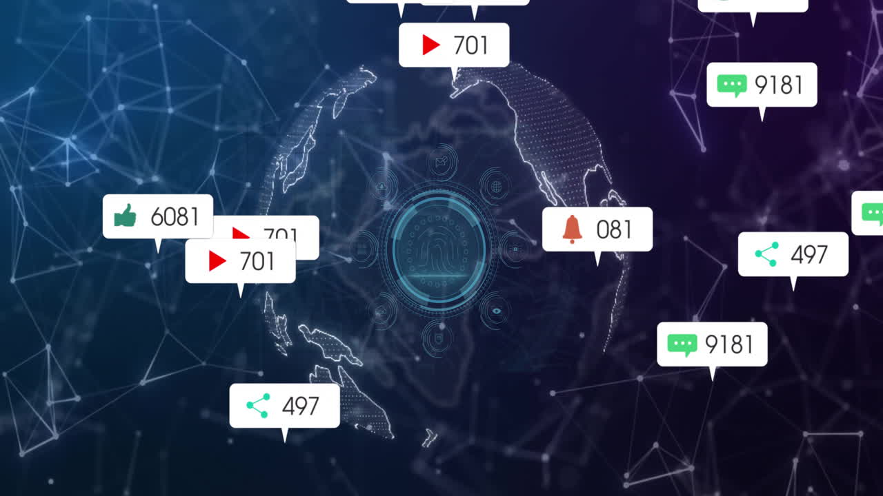 Futuristic scanner interface scanning over dotted globe, showing floating UI icons in flat design
