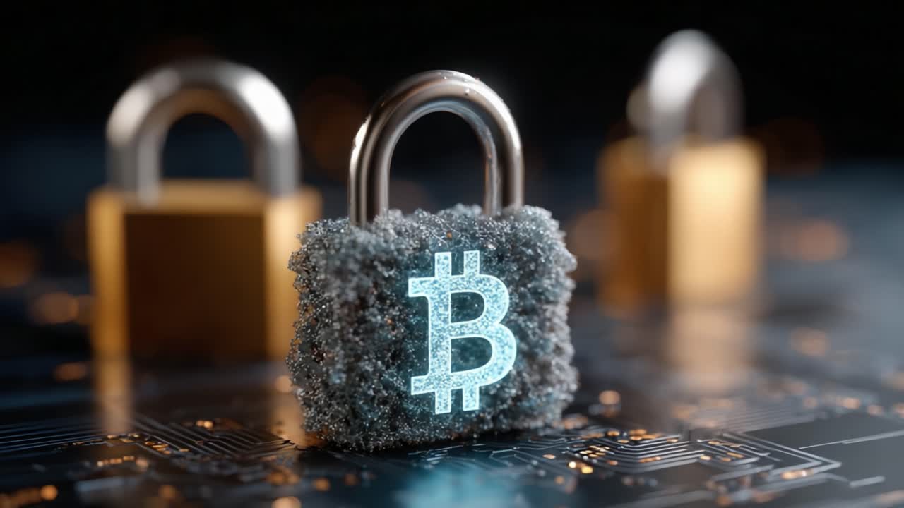 Secured Cryptocurrency: A Close-Up of Blockchain Technology Symbolized by Digital Locks for Bitcoin Protection and Cybersecurity in a High-Tech Environment