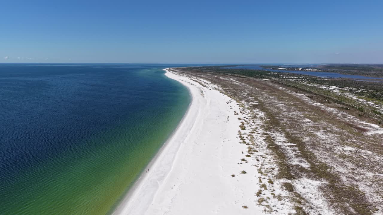 Panorama aerial view of white sandy beach side extending into deep blue Gulf of Mexico, 30A, Florida, USA