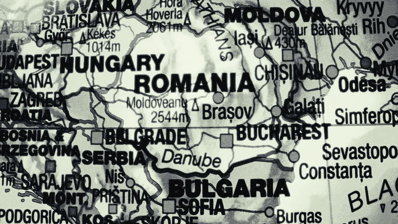 Close-up of a map showing Romania and neighboring countries
