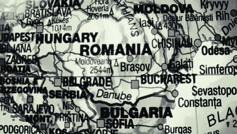 close-up of a map showing romania and neighboring countries