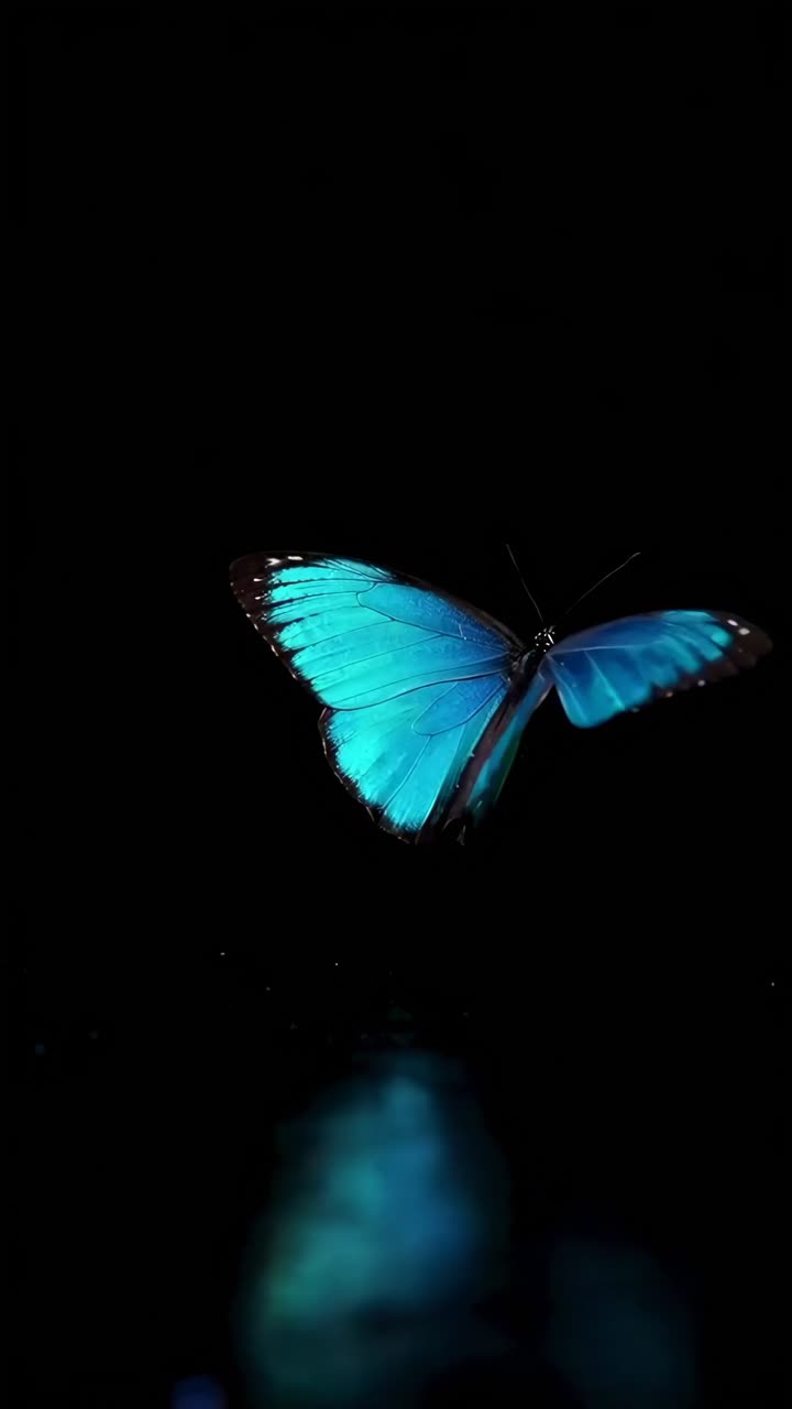 Video ravvicinato di una vivace farfalla blu su sfondo nero, ripreso dall'alto