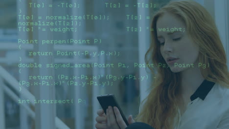 animation of data processing over caucasian businesswoman using smartphone