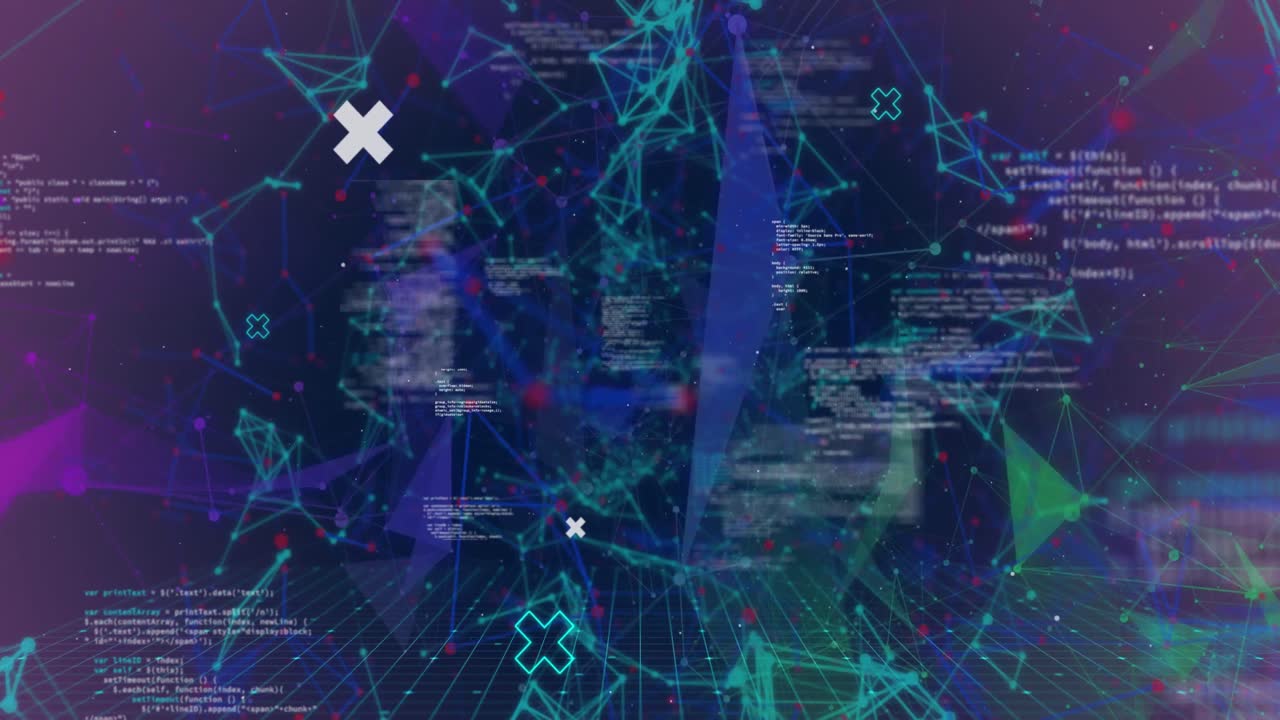 Animation of data processing and shapes on black background